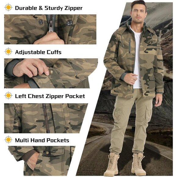 Mens Camo Thick Winter Jacket Hooded Fleece Lined Cotton Military Coat - Picture 4 of 6